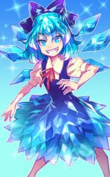 Rule 34 | 1girl, adapted costume, blue background, blue dress, blue eyes, blue hair, bow, cirno, dress, hair ribbon, ice, ice wings, looking at viewer, matching hair/eyes, one-hour drawing challenge, pinafore dress, puffy sleeves, ribbon, shirt, short hair, short sleeves, simple background, sleeveless, sleeveless dress, smile, solo, sparkle, touhou, white shirt, wings, zounose