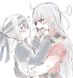 Rule 34 | 2girls, ainu clothes, bad id, bad twitter id, belt, black gloves, blue hair, blush, comic, dress, facial scar, gangut (kancolle), gloves, grey hair, hair between eyes, hair ornament, hairclip, hat, headband, itomugi-kun, jacket, kamoi (kancolle), kantai collection, long hair, military, military hat, military uniform, multicolored hair, multiple girls, naval uniform, open mouth, peaked cap, ponytail, red eyes, red shirt, remodel (kantai collection), scar, scar on cheek, scar on face, shirt, simple background, translation request, uniform, white hair