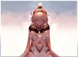 Rule 34 | 1girl, antenna hair, armor, cape, closed eyes, closed mouth, fur collar, hair between eyes, hair ornament, hand on own chest, highres, honkai (series), honkai impact 3rd, kiana kaslana, kiana kaslana (herrscher of flamescion), navel, ponytail, sadisticsock (user awvt3555), self hug, smile, solo, white hair