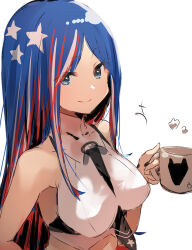 Rule 34 | 1girl, between breasts, black necktie, blue eyes, blue hair, breasts, closed mouth, crop top, cup, highres, holding, holding cup, kantai collection, large breasts, long hair, looking at viewer, mug, multicolored hair, necktie, necktie between breasts, red hair, shirt, simple background, sketch, sleeveless, sleeveless shirt, solo, south dakota (kancolle), star (symbol), sunday aki, upper body, white background, white hair