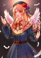 Rule 34 | 1girl, bell, bell earrings, belt, blonde hair, blush, brooch, character request, check character, check copyright, commission, copyright request, dress, earrings, falling feathers, feathered wings, feathers, flower, hat, hat flower, hat ribbon, highres, indie virtual youtuber, jewelry, kodue55, long hair, long sleeves, open mouth, orange eyes, ribbon, skeb commission, smile, suzu hayumi, virtual youtuber, wings