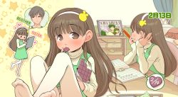 Rule 34 | 1boy, 1girl, age difference, backpack, bag, bedroom, blush, brother and sister, brown hair, calendar (object), child, chipokan, chocolate, english text, engrish text, flat chest, green overalls, heart, heart (symbol), hetero, highres, indoors, japanese text, looking at viewer, looking away, pantyhose, randoseru, ranguage, siblings, star (symbol), suggestive
