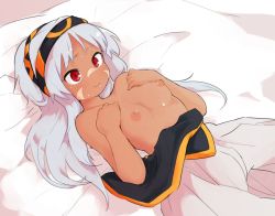 Rule 34 | 1girl, blue hair, breasts, dark-skinned female, dark skin, done (donezumi), facial mark, female focus, jpeg artifacts, long hair, lying, nipples, no nose, on back, on bed, red eyes, small breasts, smile, solo, topless