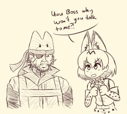 Rule 34 | 1boy, 1girl, animal, animal ears, big boss, bow, bowtie, commentary, elbow gloves, english commentary, english text, eyepatch, facial hair, gloves, headband, kemono friends, lucky beast (kemono friends), metal gear (series), metal gear solid 3: snake eater, monochrome, multicolored hair, name connection, notnoe (dxcl), open mouth, parody, print bow, print bowtie, serval (kemono friends), serval print, stubble, tail, two-tone hair, upper body