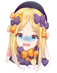 Rule 34 | 1girl, @ @, abigail williams (fate), absurdres, artist name, black bow, black hat, black neckwear, blonde hair, blue eyes, bow, commentary request, dot nose, fate/grand order, fate (series), hat, highres, looking at viewer, multiple boys, open mouth, orange bow, orange neckwear, parted bangs, polka dot, polka dot bow, portrait, simple background, solo, w-t, wavy mouth, white background