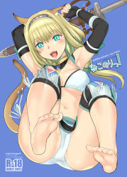 Rule 34 | 00s, 1girl, animal ears, aqua eyes, armpits, barefoot, bikini, blonde hair, breasts, cat ears, cat girl, cat tail, covered erect nipples, elbow gloves, feet, final fantasy, final fantasy xi, fingerless gloves, gloves, hairband, large breasts, long hair, mithra (ff11), nail polish, navel, open mouth, robina, smile, solo, swimsuit, sword, tail, weapon, white nails