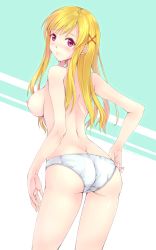 Rule 34 | 10s, 1girl, ass, back, blonde hair, blush, breasts, butt crack, female focus, follen (639594), from behind, hair ornament, hairclip, highres, large breasts, looking at viewer, looking back, nipples, panties, panties only, red eyes, shiraishi urara, solo, standing, topless, underwear, underwear only, white panties, yamada-kun to 7-nin no majo
