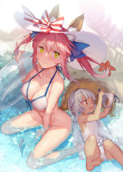 Rule 34 | 10s, 2girls, 3:, :d, aged down, altera (fate), altera larva (fate), animal ears, arm support, assisted exposure, bare legs, barefoot, beach, bikini, blush, bottomless, breasts, casual one-piece swimsuit, child, cleavage, dark-skinned female, dark skin, ears through headwear, fate/extella, fate/extra, fate/grand order, fate (series), fish, fox ears, fox tail, hat, holding, holding clothes, holding swimsuit, innertube, large breasts, long hair, medium hair, multiple girls, one-piece swimsuit, open mouth, outdoors, partially submerged, red eyes, ritsuki, silver hair, sitting, smile, starfish, sun hat, swim ring, swimsuit, tail, tamamo (fate), tamamo no mae (fate/extra), tamamo no mae (swimsuit lancer) (fate), tamamo no mae (swimsuit lancer) (third ascension) (fate), twintails, unworn bikini bottom, veil, wariza, white bikini, white hat, white one-piece swimsuit, yellow eyes