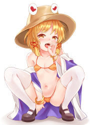 Rule 34 | 1girl, :o, absurdres, ass, bangle, bare shoulders, bikini, bikini under clothes, black footwear, blonde hair, blush, bracelet, breasts, brown hat, cleavage, collarbone, fellatio gesture, full body, hair ornament, hair ribbon, hand up, hat, heart, heart-shaped pupils, highres, japanese clothes, jewelry, long sleeves, looking at viewer, mary janes, moriya suwako, navel, no pants, off shoulder, open mouth, orange bikini, ribbon, saliva, shadow, shoes, short hair, simple background, small breasts, solo, squatting, stomach, swimsuit, symbol-shaped pupils, thighhighs, tongue, tongue out, touhou, white background, white thighhighs, wide sleeves, x hair ornament, yangshangshu, yellow eyes