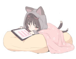 Rule 34 | 1girl, animal ears, animal hood, black hair, blade (galaxist), blanket, blush stickers, cat ears, cat hood, cat tail, closed mouth, commentary request, fake animal ears, grey jacket, hood, hood up, hooded jacket, jacket, long sleeves, multicolored hair, multiple tails, nekoyama nae, red eyes, red hair, short eyebrows, simple background, sleeves past wrists, solo, streaked hair, tablet pc, tail, thick eyebrows, toranoana, two tails, virtual youtuber, white background