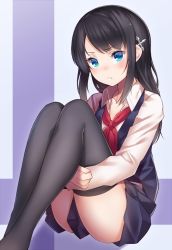 Rule 34 | 1girl, bad id, bad pixiv id, black hair, black thighhighs, blouse, blue eyes, blush, clothes between thighs, collared shirt, cross hair ornament, hair ornament, legs, long hair, long sleeves, looking at viewer, neckerchief, original, pleated skirt, purple background, ray-akila, ray littlechamber, red neckerchief, shirt, sitting, skirt, solo, swept bangs, thighhighs, vest, white shirt, zettai ryouiki
