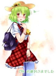 Rule 34 | 1girl, aka tawashi, ascot, backpack, bag, blush, breasts, commentary request, feet out of frame, flower, green hair, hair between eyes, hand up, hat, hat flower, highres, holding, holding bag, kazami yuuka, leaf, looking at viewer, medium breasts, open mouth, petticoat, plaid, plaid skirt, plaid vest, red eyes, red skirt, red vest, shirt, shopping bag, short hair, short sleeves, skirt, solo, standing, sun hat, sunflower, sweat, touhou, translation request, unmoving pattern, vest, watch, white shirt, wing collar, wristwatch, yellow ascot