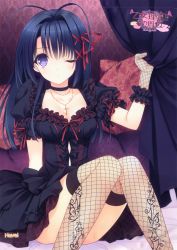 Rule 34 | 1girl, ;o, absurdres, blue hair, breasts, cleavage, cross, cross necklace, curtain grab, curtains, dress, fishnet gloves, fishnet thighhighs, fishnets, gloves, highres, jewelry, knees together feet apart, necklace, one eye closed, ookura risona, otome riron to sono shuuhen: ecole de paris, purple eyes, sitting, suzuhira hiro, thighhighs, tsuki ni yorisou otome no sahou, wink