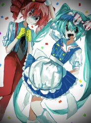Rule 34 | 2girls, @ @, absurdres, apron, aqua eyes, aqua hair, black eyes, black necktie, blue dress, bow, buttons, collared shirt, confetti, diagonal-striped bow, double-breasted, dress, drill hair, gloves, hands up, hat, hatsune miku, heterochromia, highres, kasane teto, long hair, mesmerizer (vocaloid), multiple girls, necktie, open mouth, pants, puffy short sleeves, puffy sleeves, red eyes, red hair, red hat, red pants, sharp teeth, shirt, short sleeves, smile, striped clothes, striped dress, striped shirt, suspenders, teeth, tongue, tongue out, twin drills, twintails, unagizaka gohan, utau, vertical-striped clothes, vertical-striped dress, vertical-striped shirt, visor cap, vocaloid, waist apron, waitress, white apron, white shirt, yellow gloves