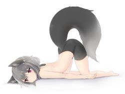 Rule 34 | 1girl, animal ear fluff, animal ears, arched back, back, barefoot, bike shorts, black tail, blush, borrowed character, closed mouth, crunchobar, female focus, flat chest, fox ears, fox girl, fox tail, from side, full body, grey hair, highres, jaana kettu, light blush, multicolored hair, original, short hair, sidelocks, simple background, solo, streaked hair, sweat, tail, top-down bottom-up, topless, two-tone hair, white background