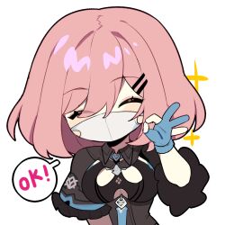 Rule 34 | 1girl, black leotard, bob cut, breasts, closed eyes, highres, honkai (series), honkai impact 3rd, large breasts, leotard, mask, mouth mask, official art, ok sign, pink hair, short hair, solo, timido cute, transparent background, upper body