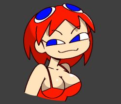 Rule 34 | 1girl, :3, blinky, blinky (pac-man), blue eyes, breasts, cleavage, collarbone, cropped torso, grey background, large breasts, looking at viewer, namco, no nose, pac-man (game), personification, red hair, red shirt, shirt, short hair, simple background, smile, solo, standing, tank top, upper body, vilepluff