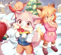 Rule 34 | 1girl, 3boys, ahoge, animal ears, antlers, blush, bone, boots, bow, brown eyes, brown shorts, child, christmas, christmas tree, dated, deer ears, dog boy, dog ears, dog girl, dog tail, dress, fang, fewer digits, fur-trimmed boots, fur trim, furry, furry female, furry male, highres, holding, holding stuffed toy, horns, jacket, mouth hold, multiple boys, original, outdoors, piporinton, purple dress, red bow, reindeer boy, sack, santa claus, shorts, snow, standing, stuffed animal, stuffed toy, tail, teddy bear, toy airplane, twitter username