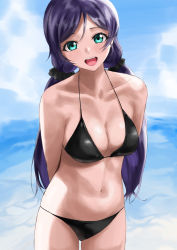 Rule 34 | 1girl, absurdres, arms behind back, bare shoulders, breasts, cleavage, cloud, female focus, green eyes, highres, large breasts, long hair, looking at viewer, love live!, love live! school idol project, navel, open mouth, outdoors, purple hair, sky, smile, ta 02ss, tojo nozomi, twintails