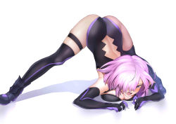 Rule 34 | 1girl, absurdres, arm rest, ass, back cutout, bare shoulders, black leotard, black thighhighs, blush, breast press, breasts, cleavage, cleavage cutout, clothing cutout, elbow gloves, fate/grand order, fate (series), flexible, gloves, hair over one eye, hands on ground, highleg, highleg leotard, highres, jack-o&#039; challenge, large breasts, leotard, light purple hair, looking at viewer, mash kyrielight, meme, mishima psycho, open mouth, purple eyes, purple gloves, short hair, simple background, solo, spread legs, stretching, thigh strap, thighhighs, top-down bottom-up, white background, wide spread legs