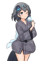 Rule 34 | 1girl, ;), absurdres, alternate costume, back bow, black eyes, black hair, blue bow, blush, bow, commentary, cowboy shot, floral print, frilled sleeves, frills, grey kimono, hair ornament, hairclip, head wings, highres, japanese clothes, kemono friends, kimono, long sleeves, looking at viewer, one eye closed, print kimono, shiraha maru, short hair, short kimono, simple background, smile, solo, split mouth, superb bird-of-paradise (kemono friends), tail, twitter username, white background, wide sleeves, wings