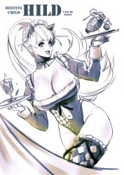 Rule 34 | 1girl, animal ears, bow, breasts, cat ears, choker, cleavage, destiny child, drink, explosive, frilled thighhighs, frills, grenade, hildr (destiny child), large breasts, leotard, long hair, maid headdress, mmlyno, monochrome, navel, plate, ponytail, thighhighs