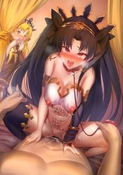 Rule 34 | 1boy, 2girls, absurdres, bdsm, black hair, blonde hair, blush, body writing, breasts, collar, cum, cum in pussy, curtains, earrings, ereshkigal (fate), fate/grand order, fate (series), hair ornament, hands on knee, hands on legs, highres, ishtar (fate), jewelry, leash, long hair, medium breasts, mishima psycho, multiple girls, naughty face, nipple piercing, nipple rings, nippleless clothes, nipples, piercing, riding, saliva, sex, slave, smile, tally, tears, tongue, tongue out, translation request, twintails, vaginal