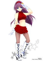 Rule 34 | 00s, 1girl, 2008, asamiya athena, bare shoulders, blue eyes, boots, fishnet pantyhose, fishnets, gloves, hair ornament, hairband, high heels, knee boots, kobayashi chisato, long hair, midriff, open mouth, original, pantyhose, purple hair, red hairband, shoes, skirt, sleeveless, sleeveless turtleneck, snk, solo, the king of fighters, turtleneck