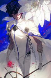 Rule 34 | 1boy, arjuna (fate), black hair, blue background, blue eyes, blue theme, cape, chain, dark-skinned male, dark skin, dew drop, dutch angle, egawa akira, elbow gloves, energy, fate/grand order, fate (series), flower, glint, gloves, hair between eyes, half-closed eye, high collar, highres, holding, holding polearm, holding spear, holding weapon, light particles, lips, one eye covered, pants, parted lips, perspective, petals, polearm, red flower, smoke, spear, tabard, water drop, weapon, white cape, white flower, white gloves, white pants