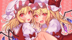 Rule 34 | 2girls, :d, blonde hair, blush, bow, commentary request, crystal, dual persona, fang, flandre scarlet, hair between eyes, hat, hat bow, knees up, long hair, looking at viewer, looking back, masanaga (tsukasa), mob cap, multiple girls, one side up, open mouth, outline, pink background, puffy short sleeves, puffy sleeves, red bow, red eyes, red skirt, red vest, shirt, short sleeves, sidelocks, skirt, skirt set, smile, touhou, upper body, vest, white headwear, white outline, white shirt, wings, yellow neckwear