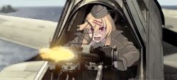 Rule 34 | 1girl, aircraft, airplane, blonde hair, brown hat, brown jacket, browning m1919, commentary request, firing, girls&#039; frontline, gun, hair ornament, hairclip, hat, jacket, light machine gun, long hair, long sleeves, m1919a4 (girls&#039; frontline), machine gun, medium machine gun, midway, midway (movie), muzzle flash, ocean, open clothes, open jacket, open mouth, parody, red eyes, solo, tab (tabkun), weapon
