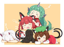 Rule 34 | &gt; &lt;, 4girls, :3, ahoge, all fours, animal ear fluff, animal ears, beamed eighth notes, black bow, black dress, blunt bangs, blush, blush stickers, bow, braid, brown hair, cat ears, cat tail, chen, chibi, closed eyes, commentary request, crys (dai), curly hair, dress, earrings, fang, fang out, goutokuji mike, green hair, green headwear, hair bow, hat, horns, jewelry, kaenbyou rin, komano aunn, long hair, long sleeves, looking at viewer, mob cap, multicolored hair, multiple girls, multiple tails, musical note, nekomata, odd one out, one eye closed, open mouth, orange background, red dress, red eyes, red hair, red shirt, shirt, short hair, short sleeves, silver hair, simple background, single earring, single horn, sitting, sleeping, smile, squeans, streaked hair, tail, touhou, twin braids, twintails, two tails, very long hair, wariza, wavy mouth, x3, yawning
