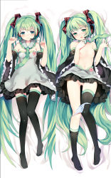 Rule 34 | 1girl, bad id, bad pixiv id, breasts, dakimakura (medium), detached sleeves, dress, green eyes, green hair, hatsune miku, headset, long hair, multiple views, navel, necktie, panties, panty pull, pussy, sheska xue, small breasts, striped clothes, striped panties, thighhighs, twintails, uncensored, underwear, very long hair, vocaloid