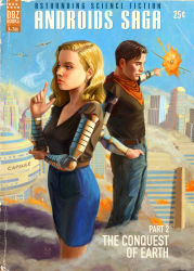 Rule 34 | 1boy, 1girl, aircraft, airplane, android 17, android 18, astor alexander, black hair, blonde hair, blowing smoke, blue eyes, brother and sister, building, burning, cover, dragon ball, dragonball z, earrings, explosion, fake cover, finger gun, fire, giant, giant male, hand in pocket, highres, jewelry, laser, lipstick, makeup, mechanical arms, neckerchief, no legwear, parody, pencil skirt, realistic, red lips, retro artstyle, siblings, single mechanical arm, skirt, style parody
