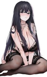 Rule 34 | 1girl, black bra, black panties, blue eyes, blush, bra, breasts, brown thighhighs, cleavage, closed mouth, collarbone, commentary request, copyright request, highres, large breasts, long hair, looking at viewer, mole, mole under eye, panties, poharo, simple background, solo, thighhighs, underwear, white background