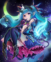 Rule 34 | 1girl, black thighhighs, blue hair, demon girl, demon tail, flat chest, garter straps, horns, knees together feet apart, long hair, looking at viewer, low-tied long hair, pointy ears, revealing clothes, shingoku no valhalla gate, smile, solo, sorimura youji, star (sky), tail, tattoo, thighhighs, twintails