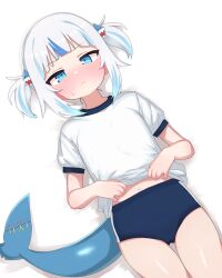 Rule 34 | absurdres, blush, cameltoe, closed mouth, fins, fish tail, full-face blush, gawr gura, gym shirt, gym shorts, gym uniform, hair ornament, highres, holding, holding clothes, hololive, hololive english, looking at viewer, lying, mingkozus, multicolored hair, navel, on back, shark hair ornament, shark tail, shirt, short hair, short twintails, shorts, stitched tail, streaked hair, sweatdrop, tail, twintails, two-tone hair, virtual youtuber, white background, white hair, white shirt