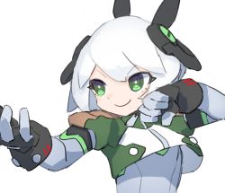 Rule 34 | android, bright pupils, cheri zao, crop top, fighting stance, fingerless gloves, gloves, green eyes, headgear, kung fu, original, simple background, smile, v-shaped eyebrows, white background, white hair