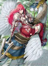 Rule 34 | 1girl, armor, copyright name, cordelia (fire emblem), daigoman, fire emblem, fire emblem awakening, fire emblem cipher, gauntlets, hair ornament, holding, holding weapon, long hair, looking at viewer, looking back, nintendo, pauldrons, pegasus, pegasus knight uniform (fire emblem), polearm, red eyes, red hair, shoulder armor, spear, thighhighs, weapon, zettai ryouiki