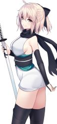 Rule 34 | 1girl, ahoge, arm guards, bare shoulders, black bow, black scarf, black thighhighs, blonde hair, bow, breasts, closed mouth, fate (series), hair between eyes, half updo, highres, hip focus, holding, holding sword, holding weapon, japanese clothes, katana, kimono, koha-ace, looking at viewer, medium breasts, obi, okita souji (fate), okita souji (koha-ace), sash, scarf, short kimono, sideboob, simple background, sleeveless, sleeveless kimono, smile, solo, sukebewe, sword, thighhighs, thighs, weapon, white background, white kimono, yellow eyes