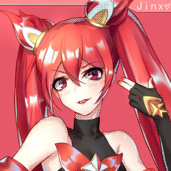 Rule 34 | 1girl, alternate costume, alternate hair color, alternate hairstyle, bare shoulders, black gloves, bow, elbow gloves, fingerless gloves, gloves, hair ornament, highres, jinx (league of legends), league of legends, lipstick, long hair, magical girl, makeup, red bow, red eyes, red hair, red lips, solo, star guardian (league of legends), star guardian jinx, twintails, very long hair