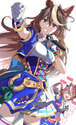 Rule 34 | &gt;o&lt;, 2girls, animal ears, aqua necktie, blue ribbon, bow, breasts, brown hair, clenched hand, closed eyes, corset, ear ribbon, earrings, gloves, gold trim, green ribbon, hair between eyes, hair bow, hair ornament, heart, heart in mouth, highres, holding, holding microphone, horse ears, horse girl, idol clothes, jewelry, long hair, medium breasts, microphone, misu kasumi, multicolored hair, multiple girls, necktie, open mouth, outstretched arm, pink bow, ponytail, purple eyes, ribbon, sash, scrunchie, short sleeves, shorts, single earring, skindentation, skirt, solo, streaked hair, symboli rudolf (umamusume), teeth, thighhighs, tokai teio (umamusume), two-tone hair, umamusume, white background, white gloves, white hair, white shorts, white thighhighs, wrist cuffs
