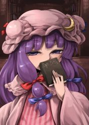 Rule 34 | 1girl, book, bow, crescent, crescent hair ornament, hair bow, hair ornament, harusame (unmei no ikasumi), hat, covered mouth, long hair, matching hair/eyes, patchouli knowledge, purple eyes, purple hair, solo, striped, touhou