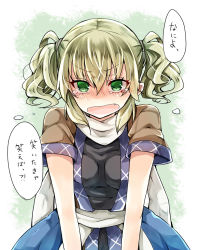 Rule 34 | 1girl, alternate hairstyle, blonde hair, blush, fang, green eyes, highres, looking at viewer, mimoto (aszxdfcv), mizuhashi parsee, open mouth, short hair, solo, tears, touhou, twintails
