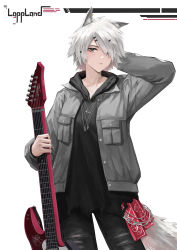Rule 34 | 1girl, absurdres, ambience synesthesia, animal ears, arknights, arm behind head, black pants, black shirt, character name, collarbone, cowboy shot, ctpt9r, electric guitar, female focus, grey eyes, grey sweater, guitar, hair ornament, hair over one eye, hairclip, highres, holding, holding instrument, instrument, jewelry, lappland (arknights), looking at viewer, necklace, pants, shirt, short hair, simple background, solo, sweater, tail, tomboy, upper body, white background, white hair, wolf ears, wolf girl, wolf tail