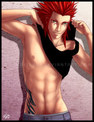 Rule 34 | 1boy, abs, axel, green eyes, highres, kingdom hearts, male focus, midriff, red hair, solo, tagme, tank top, tattoo, undressing