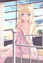 Rule 34 | 1girl, animal ears, bad id, bad pixiv id, bare shoulders, bed, blonde hair, blue eyes, blush, breasts, cat ears, closed mouth, clothes down, cloud, collarbone, commentary request, covering privates, covering breasts, curtains, fox ears, hair between eyes, highres, indoors, long hair, looking at viewer, medium breasts, on bed, original, plant, shirt, sitting, sky, smile, solo, sui-95, sunset, wariza, white shirt, window