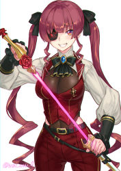 Rule 34 | 1girl, artist name, ascot, belt, black ascot, black belt, blush, breasts, brown eyes, cleavage, energy sword, eyepatch, flower, highres, holding, holding sword, holding weapon, hololive, houshou marine, long hair, medium breasts, ninnin (shishitou), one eye covered, pants, red flower, red hair, red pants, red rose, rose, see-through, see-through cleavage, sheath, smile, solo, sword, twintails, unsheathing, very long hair, virtual youtuber, weapon, white background