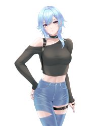 Rule 34 | 1girl, absurdres, alternate costume, black shirt, blouse, blue hair, casual, choker, denim, earrings, eula (genshin impact), genshin impact, hair ornament, hairclip, high-waist pants, highres, jeans, jewelry, looking at viewer, me ao (many blue leaves), midriff, pants, shirt, solo, thigh strap, thighlet