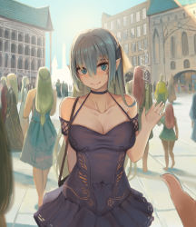 Rule 34 | 6+boys, 6+girls, absurdres, arm up, barefoot, black choker, black dress, blue eyes, blue hair, breasts, building, choker, cleavage, closed mouth, collarbone, commentary, crowd, day, dress, english commentary, highres, large breasts, liangzi tai hongcha, long hair, multiple boys, multiple girls, original, outdoors, pointy ears, pov, smile, solo focus, waving